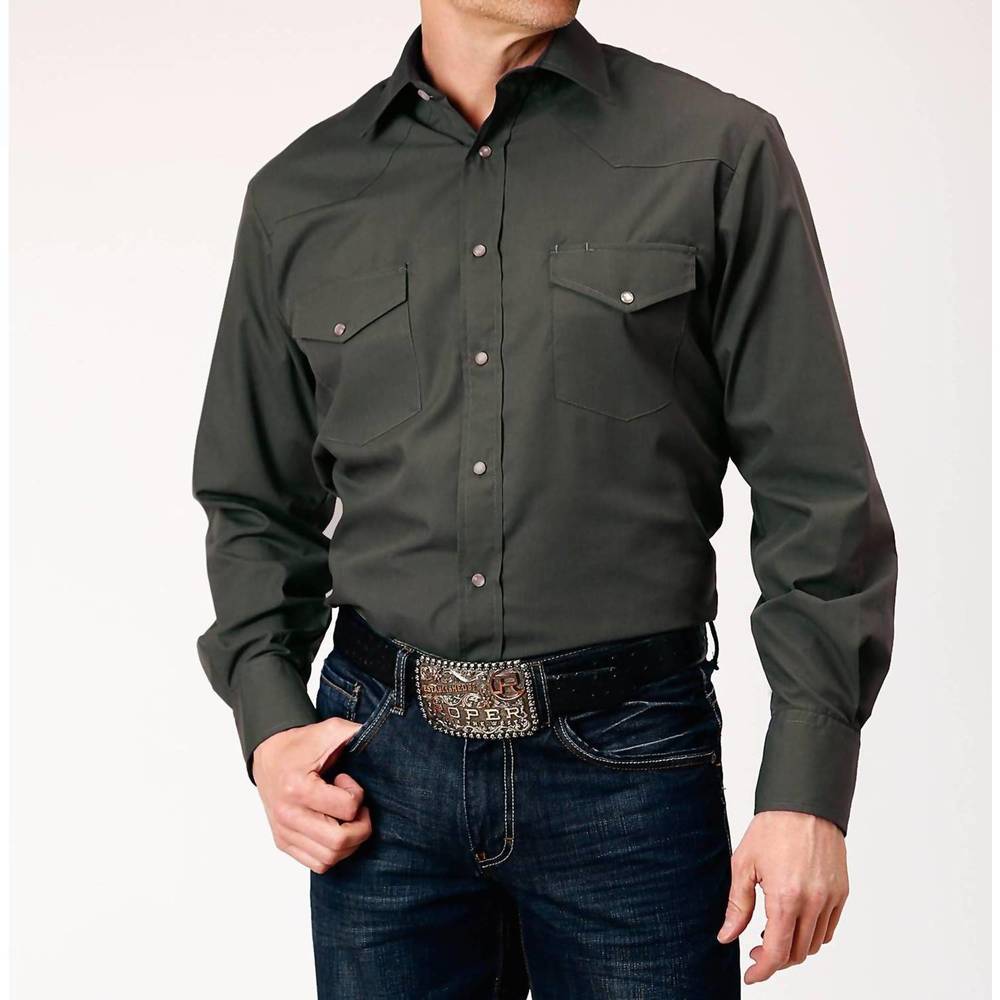 NEW ROPER men's long sleeve snap broadcloth western shirt in dark charcoal grey